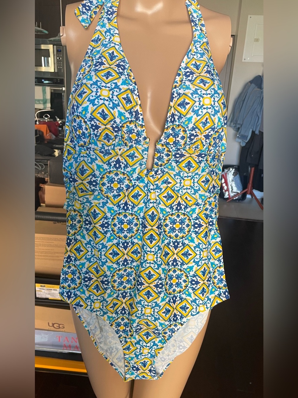 Nicole Miller Blue and Yellow Halter One-Piece Swimsuit